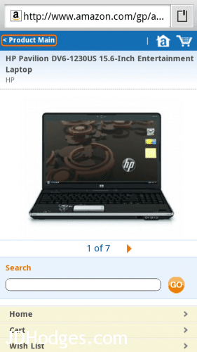 HP DV6 Amazon product page listing as displayed by the Android browser