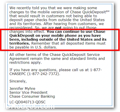 Quick Deposit message from Chase