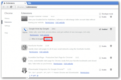 Google Chrome extensions screen