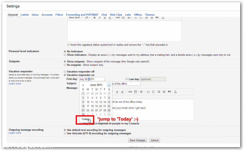 Gmail Vacation Responder with Today link for current date