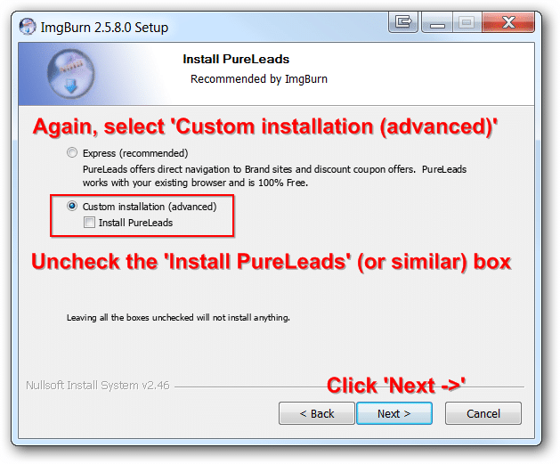 ImgBurn options to prevent pureleads from installing