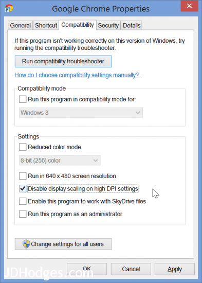 Disable display scaling on high DPI settings (check this box and apply!)