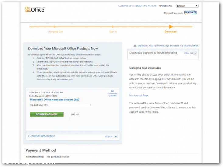 Screenshot of the official Microsoft download page for MS Office 2010