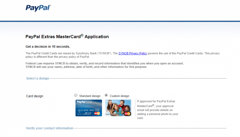 The signup application for the PayPal Extras MasterCard