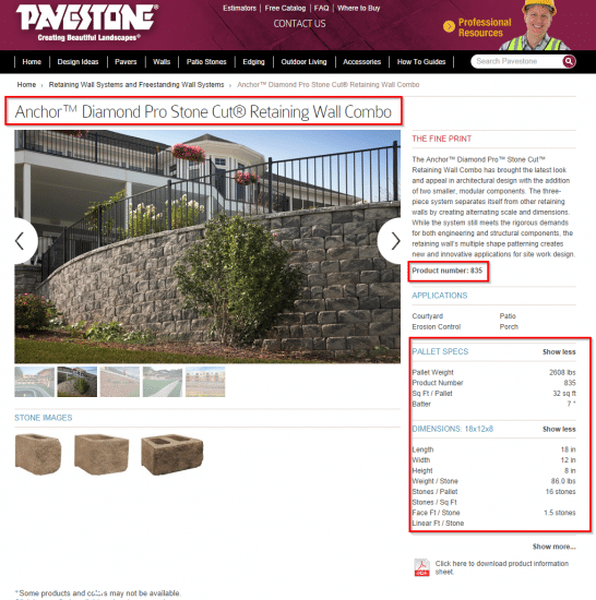 Specs for Diamond Pro Stone Cut Retaining Wall Combo Pavestone