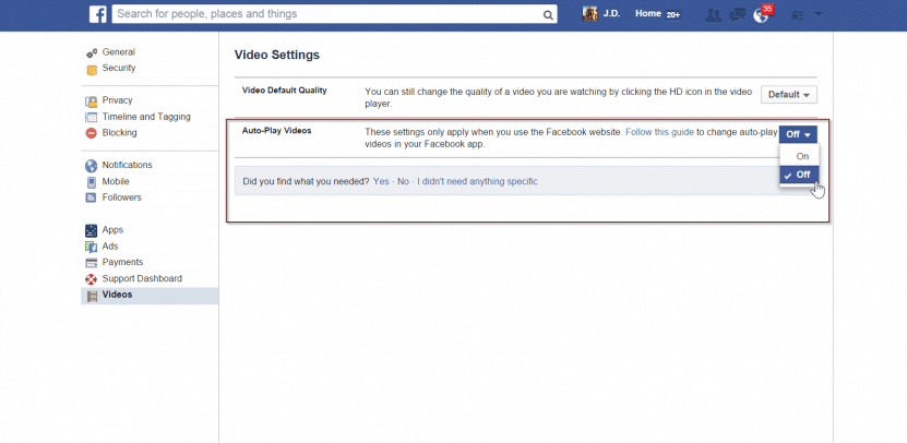 Turn off Facebook video auto play 