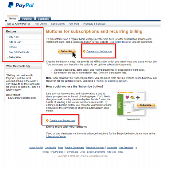 PayPal subscription button page
