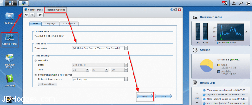 Screenshot showing how to set the timezone in Synology's DSM NAS software