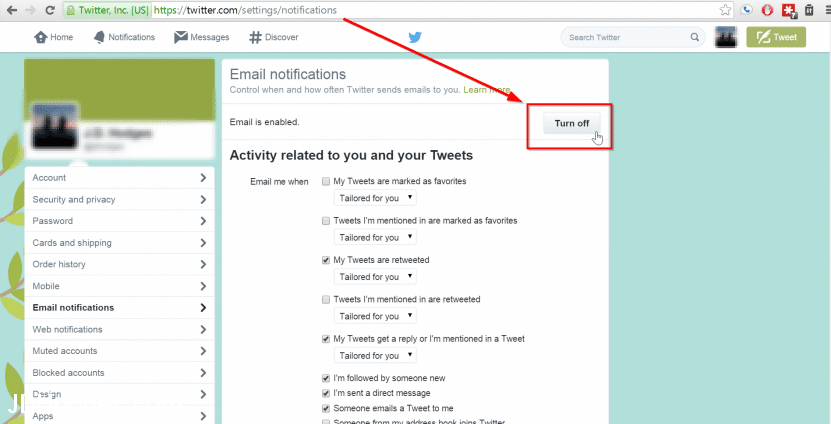 Turn off email notifications from Twitter