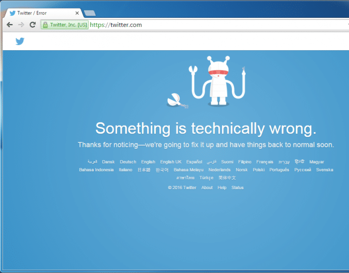 Twitter's home page error message