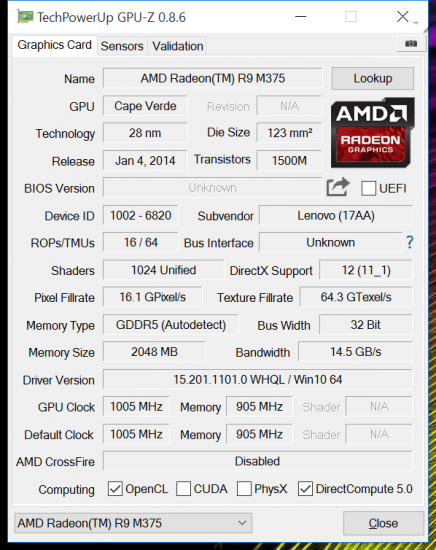 AMD Radeon R9 M375 2GB DDR5 GPU-Z details