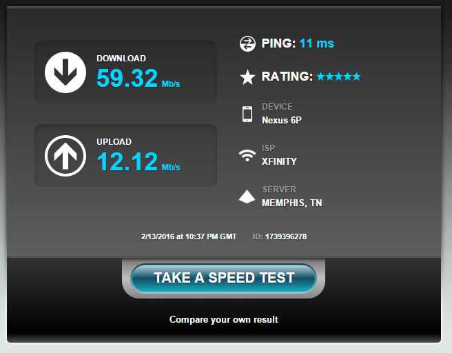 WiFi speedtest results, EXCELLENT