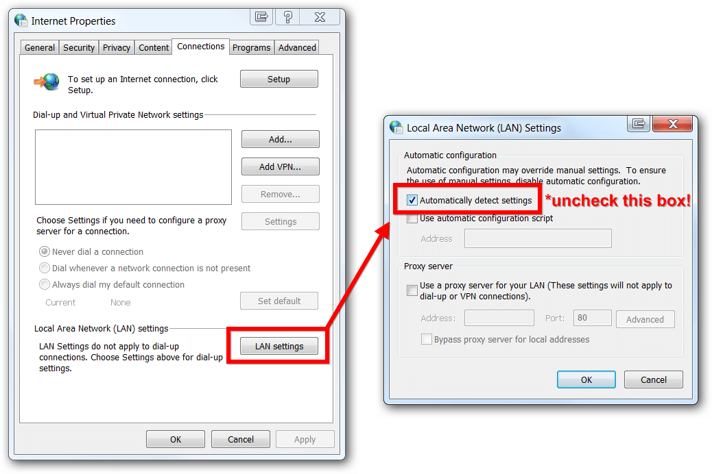 Deselect the "Automatically detect settings" option 
