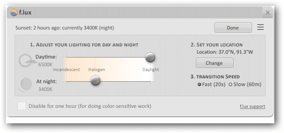 Screenshot of the f.lux settings screen