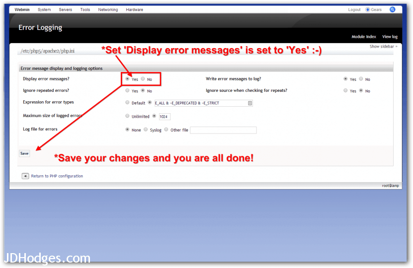 Enable PHP error reporting on Turnkey LAMP Stack - J.D. Hodges