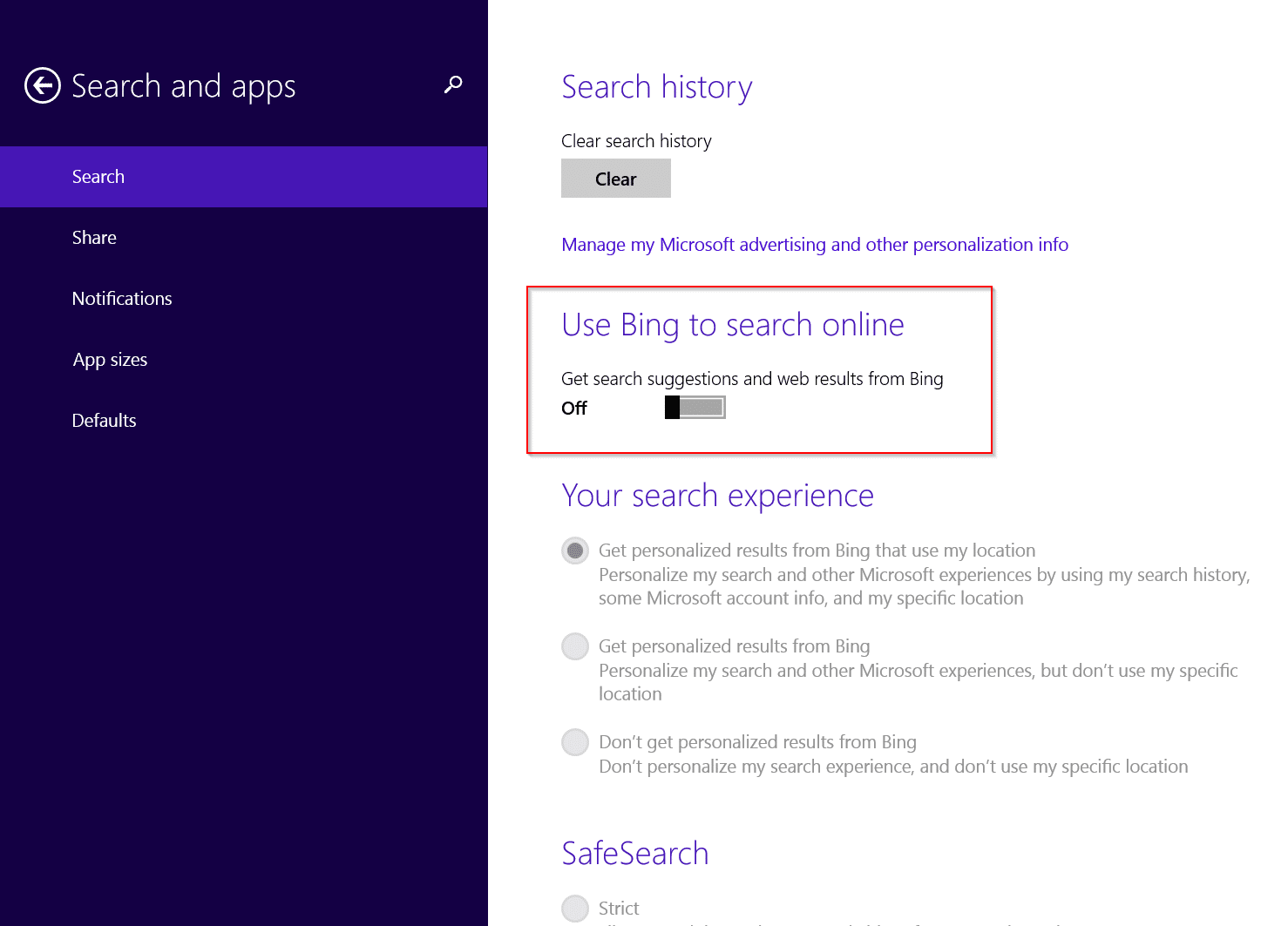 bing settings search history