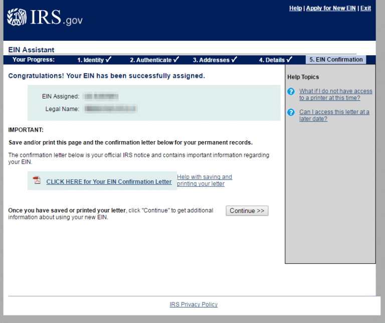 EIN assigned, IRS Online Application J.D. Hodges