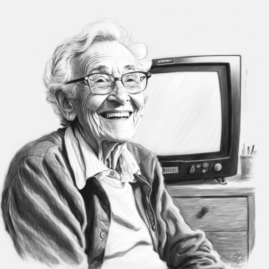 Generated image of elderly woman enjoying TV. 