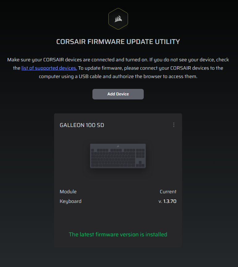Corsair Firmware Update Utility showing Galleon 100 SD