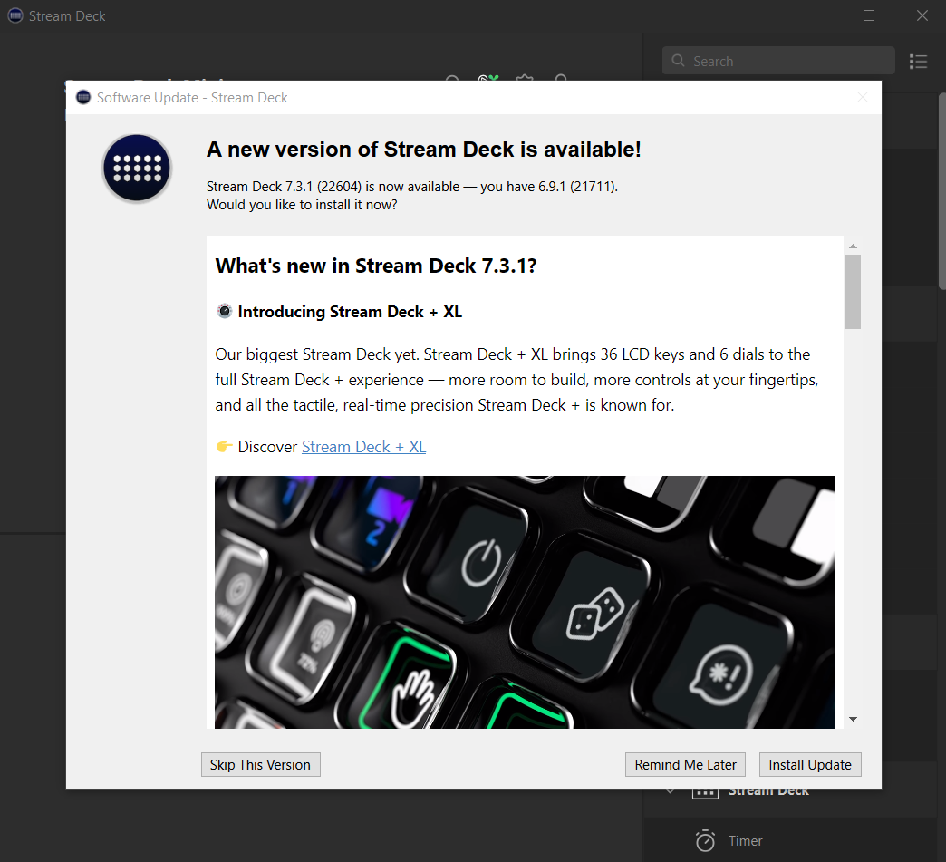 Stream Deck app update prompt showing 6.9.1 to 7.3.1