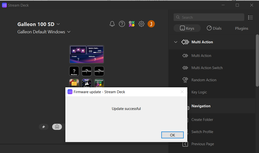 Stream Deck app showing Galleon 100 SD profile after setup