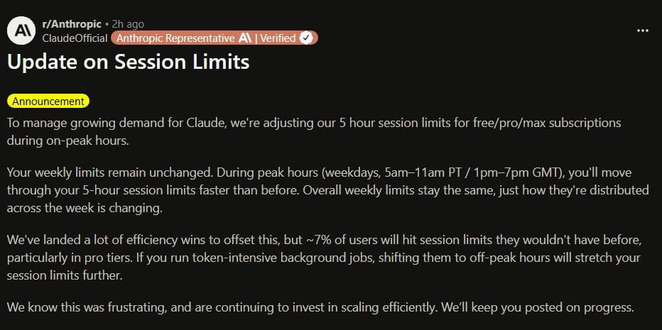 Anthropic official Reddit announcement titled Update on Session Limits, posted by ClaudeOfficial verified Anthropic Representative, confirming tighter 5-hour session limits during weekday peak hours