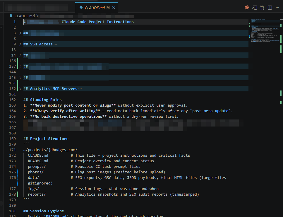 A real CLAUDE.md project instructions file open in VS Code, showing section headings, standing rules, and project structure