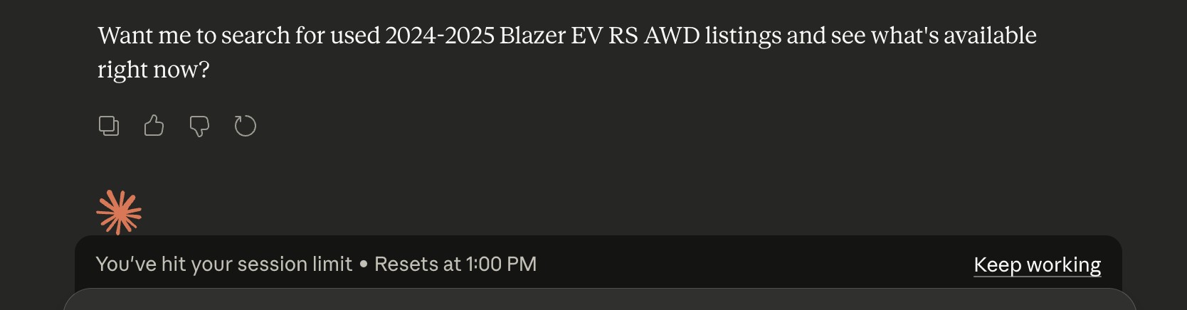 Claude AI showing You've hit your session limit, Resets at 1:00 PM banner after a single question about used Blazer EV listings