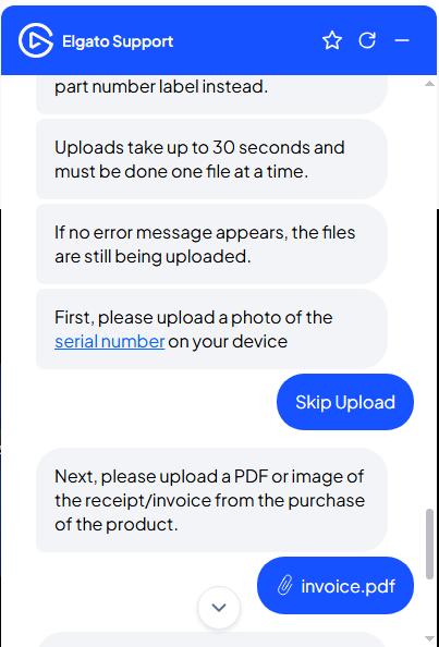 Corsair Elgato support chatbot upload interface