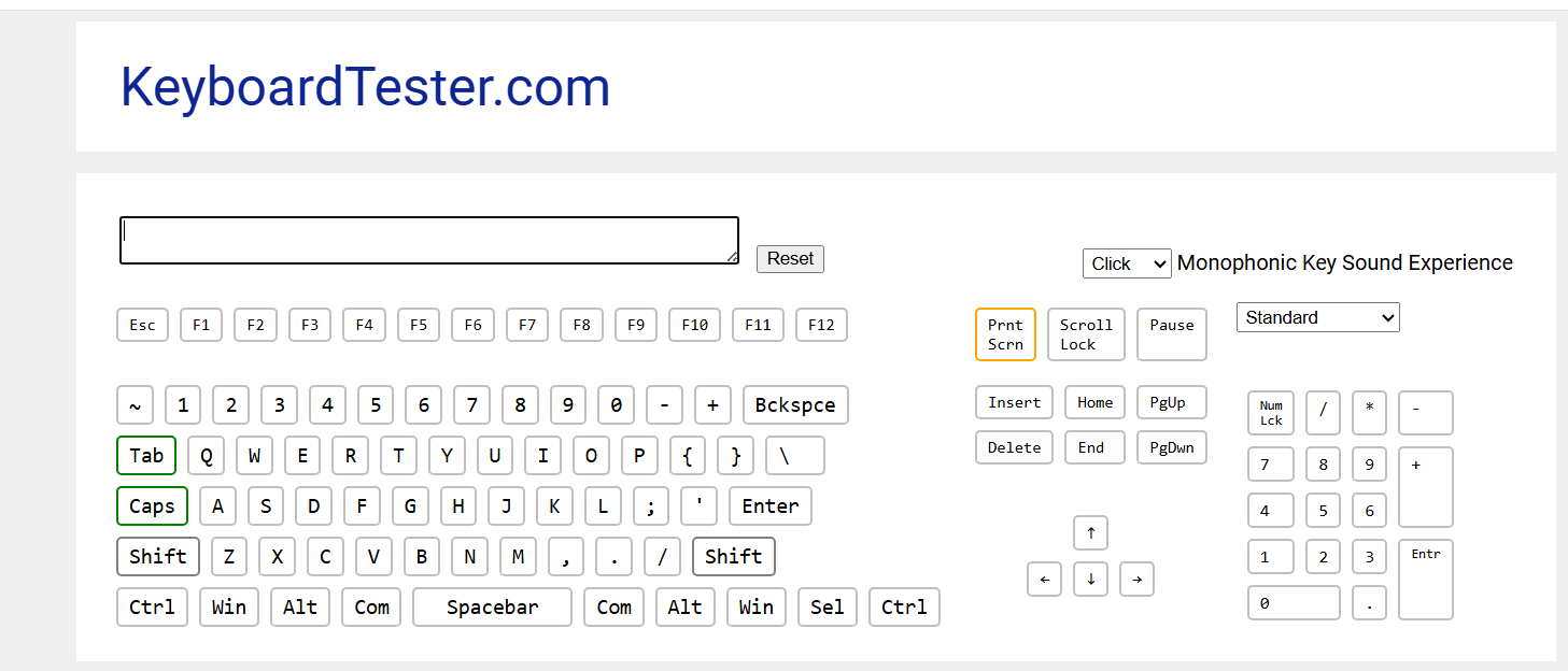 Keyboard Tester showing Caps Lock and Shift both activated on Corsair Galleon 100 SD