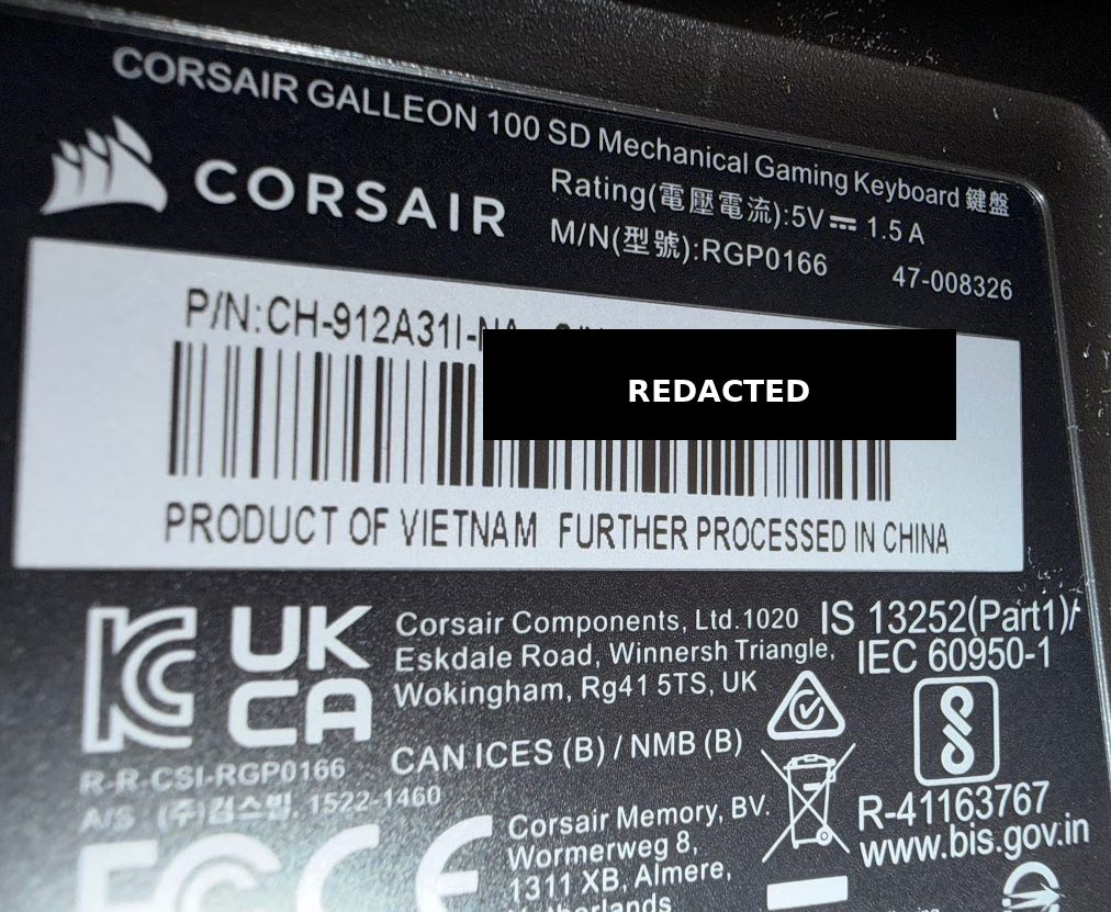 Corsair Galleon 100 SD part number label