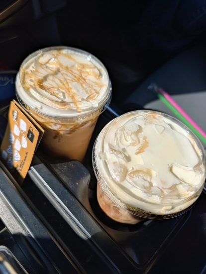 Fuel House coffee drinks on opening day in Winona MO - Falling Springs and iced Americano with vanilla cold foam