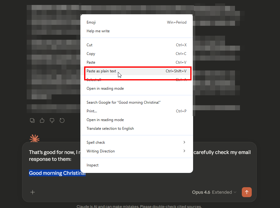 Claude.ai right-click context menu showing Paste as plain text option highlighted with Ctrl+Shift+V shortcut