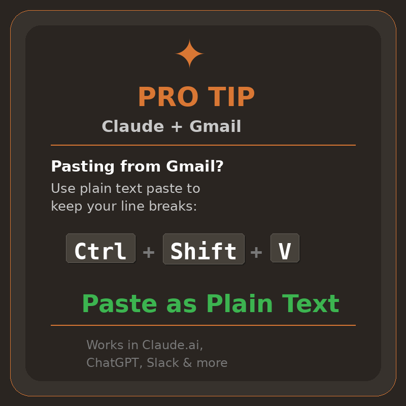 Claude Pro Tip badge showing Ctrl+Shift+V keyboard shortcut for Paste as Plain Text