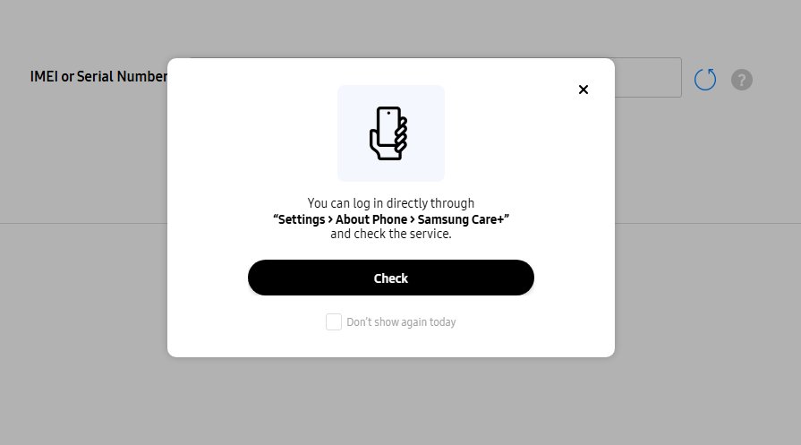 Samsung Care+ popup showing Settings path to check coverage on the phone