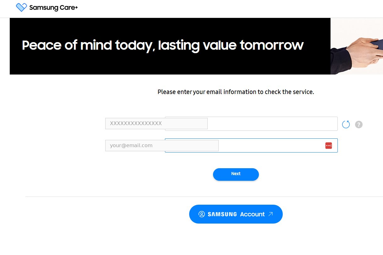 Samsung Care+ coverage check page asking for IMEI and email