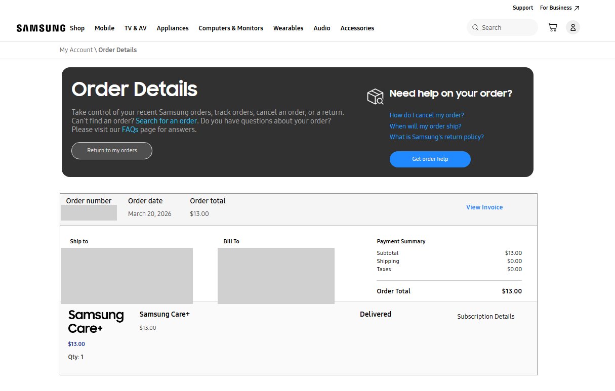 Samsung.com order details showing a $13 Samsung Care+ subscription charge