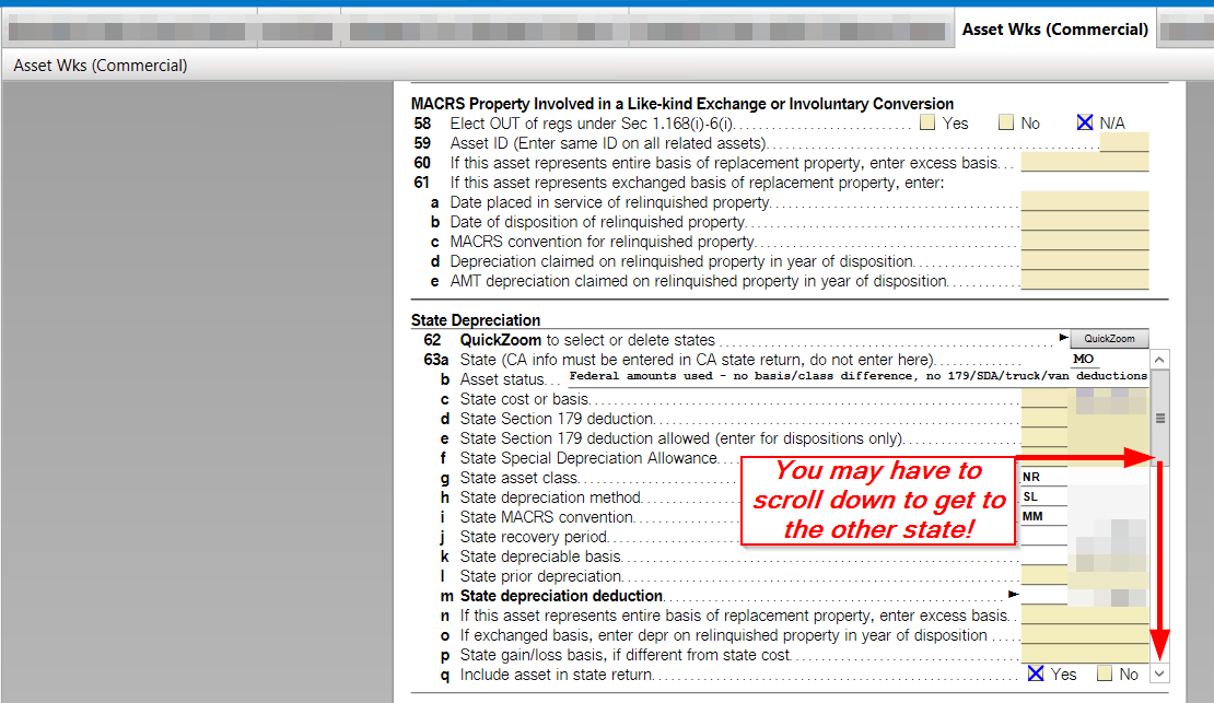 TurboTax Asset Entry Worksheet showing State Depreciation section with MO state entries and red arrows indicating you need to scroll down to find other states