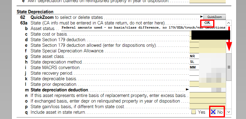 TurboTax State Depreciation section for Oklahoma with Include asset in state return set to No