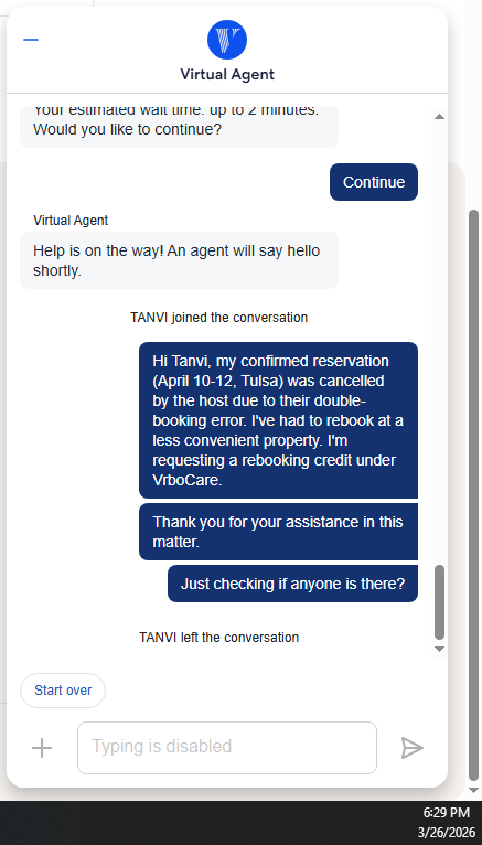 VRBO virtual agent chat showing agent Tanvi joining, receiving the customer message about a host cancellation, and leaving the conversation without responding