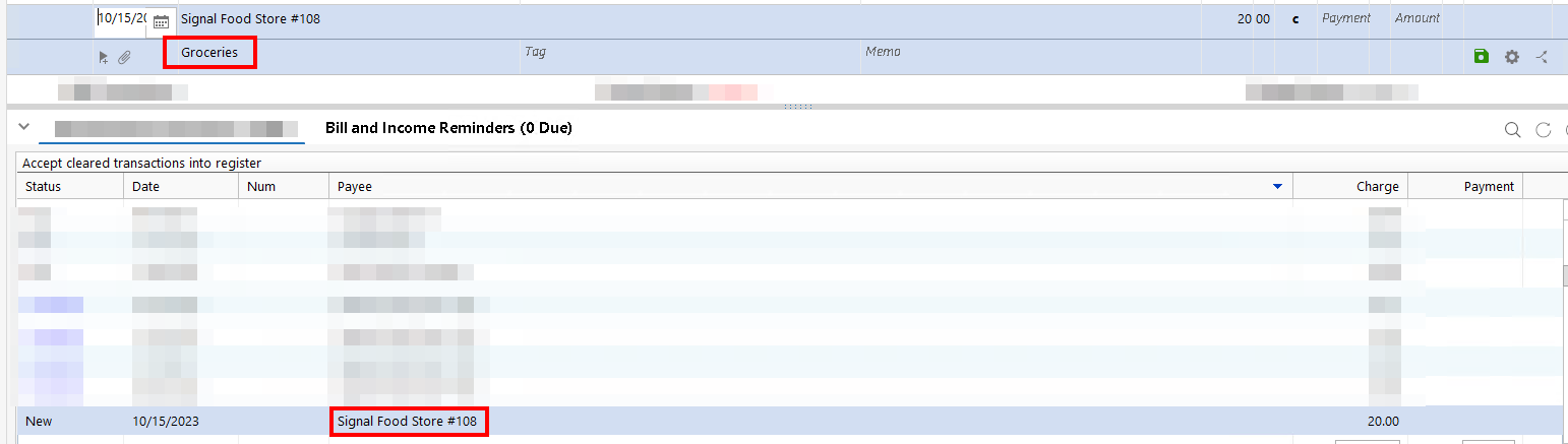Quicken register showing Signal Food Store #108 incorrectly categorized as Groceries, with the payee name and wrong category highlighted
