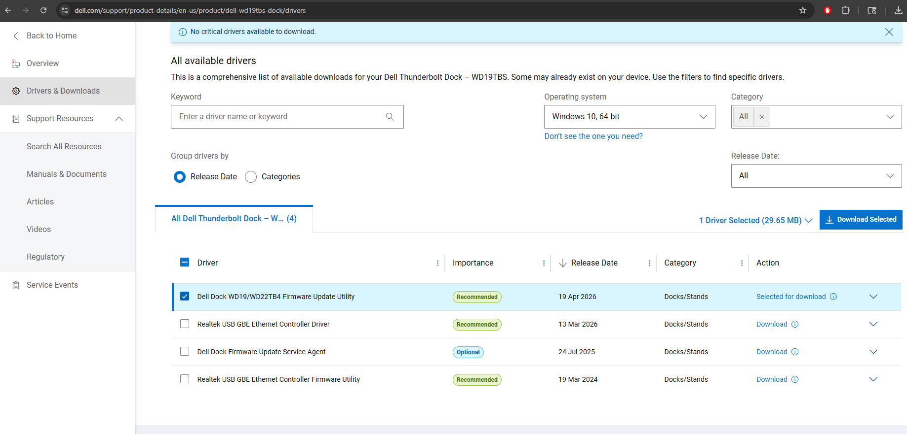 Dell support site Drivers and Downloads page for the WD19TBS filtered to Windows 10 64-bit with the Dell Dock WD19/WD22TB4 Firmware Update Utility selected for download