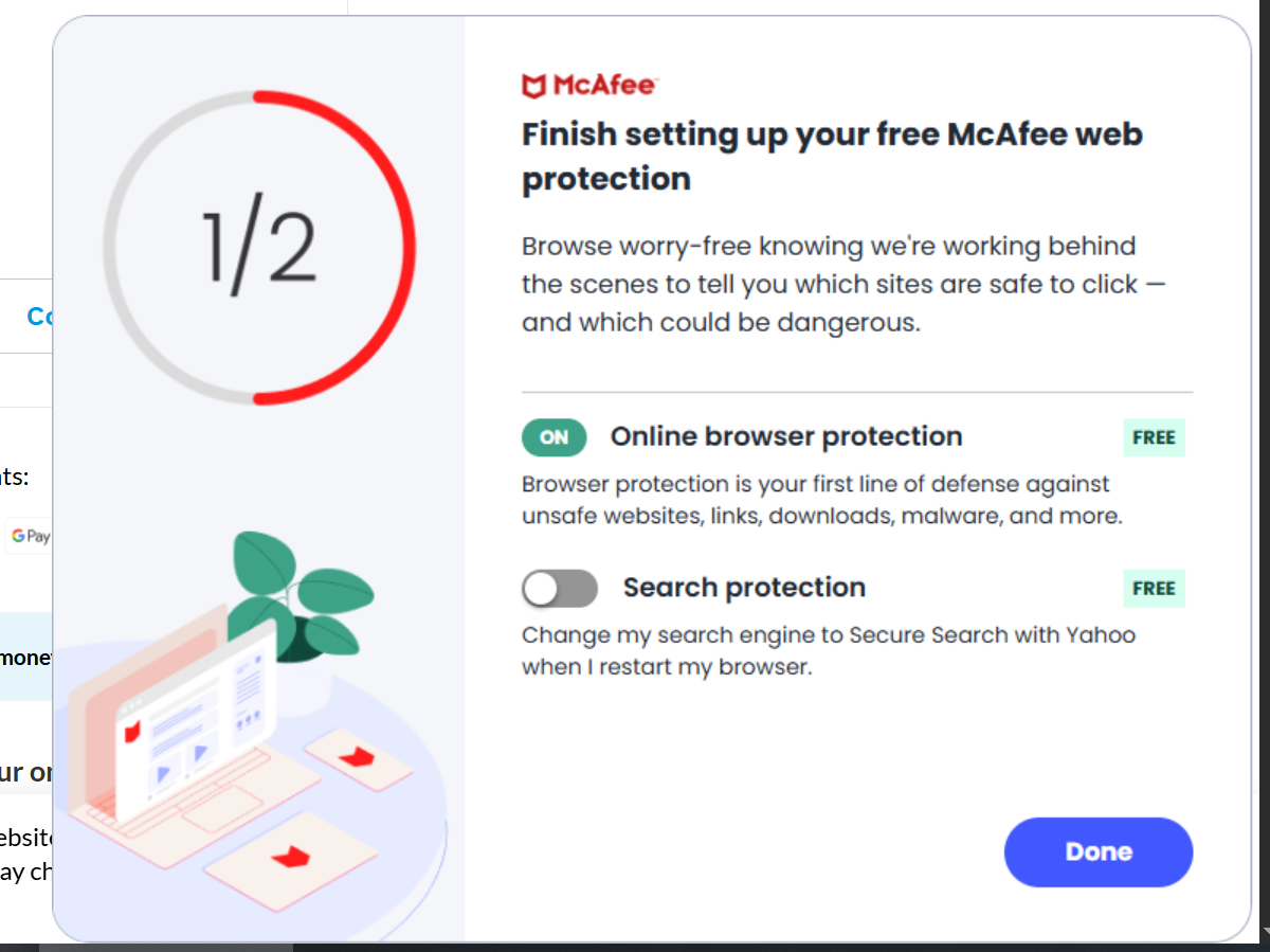 McAfee WebAdvisor popup titled Finish setting up your free McAfee web protection with two toggles: Online browser protection and Search protection