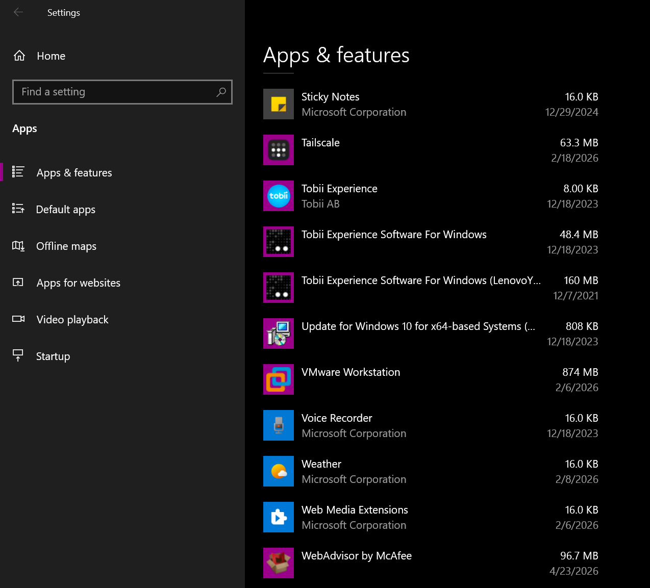 Windows Settings Apps and features page showing WebAdvisor by McAfee 96.7 MB installed 4/23/2026