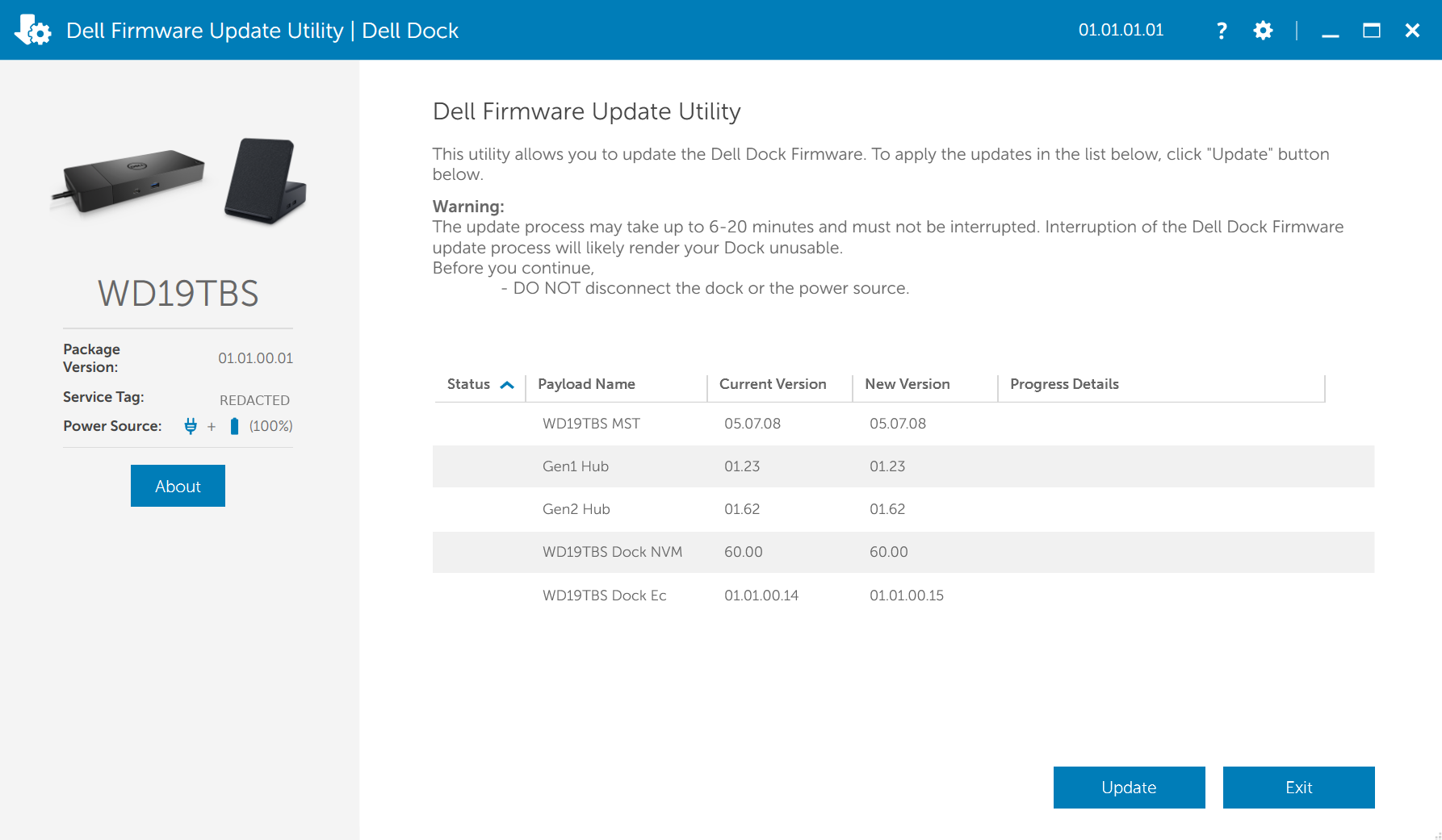 Dell Firmware Update Utility confirmation screen showing the WD19TBS current and new versions for each component: MST, Gen1 Hub, Gen2 Hub, Dock NVM, and Dock EC with the EC version bumping from 01.01.00.14 to 01.01.00.15