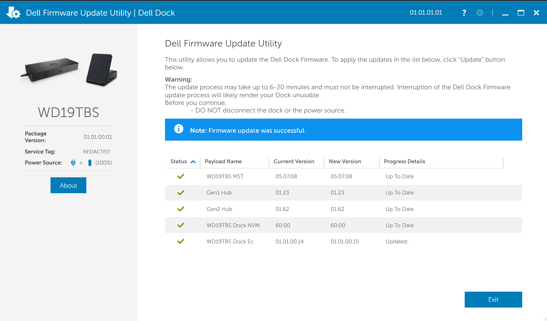 Dell Firmware Update Utility success screen showing green checkmarks for all five payloads with the Dock EC row marked Updated from 01.01.00.14 to 01.01.00.15