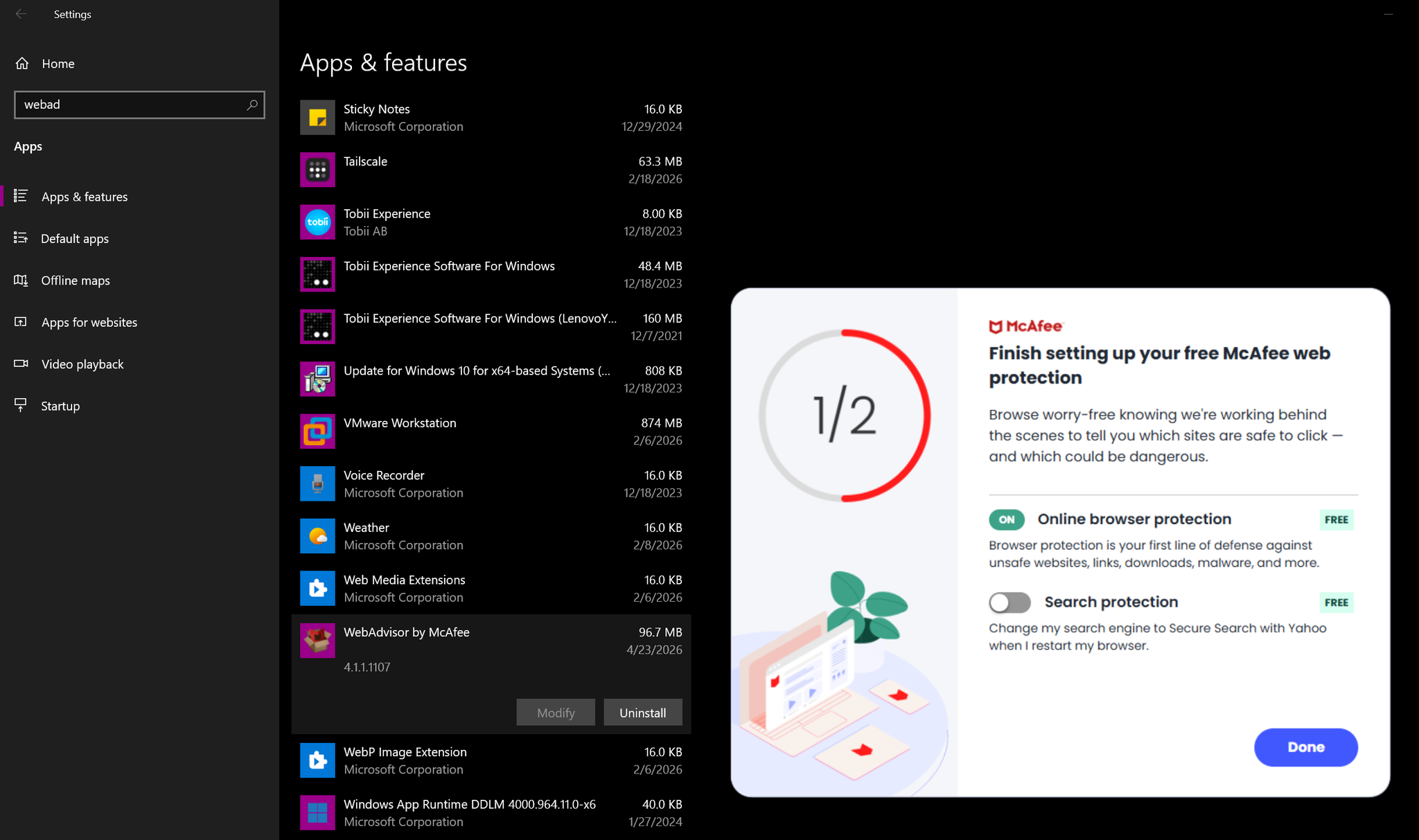 Apps and features list with McAfee WebAdvisor selected and the McAfee uninstaller popup overlaid on the right