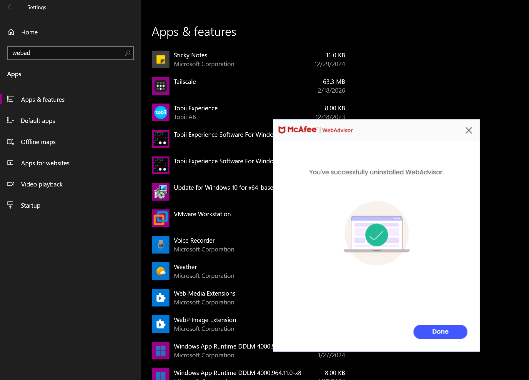 McAfee success screen reading You've successfully uninstalled WebAdvisor with a green checkmark and a Done button