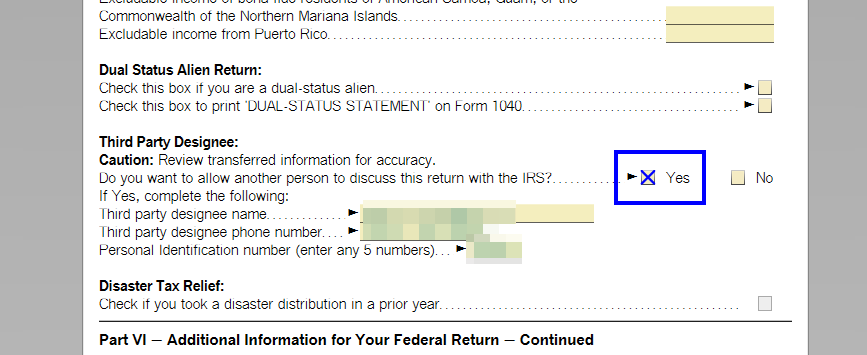 TurboTax 2025 Third Party Designee Yes box checked with name phone and PIN fields filled in