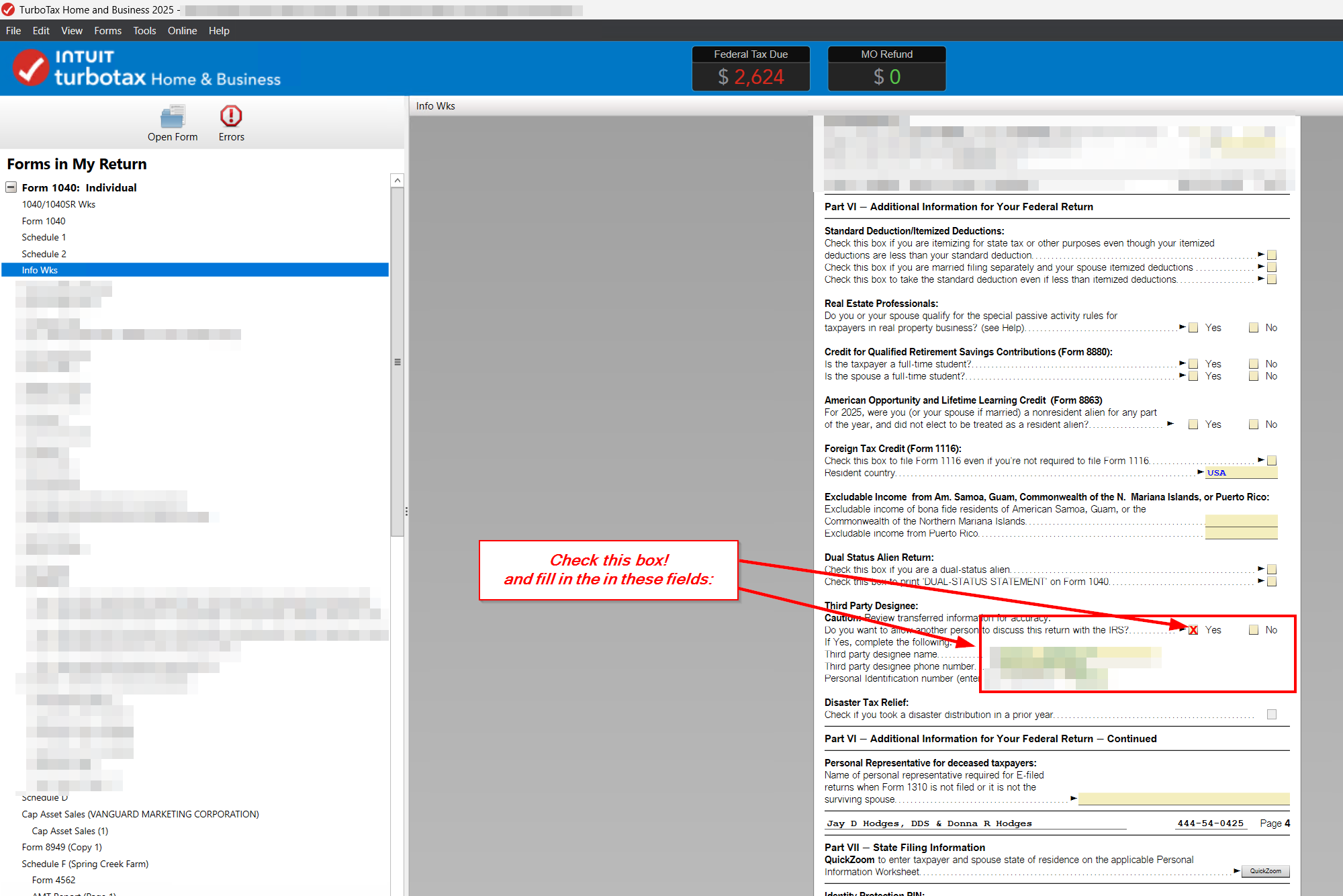TurboTax 2025 Desktop Info Wks showing Part VI with the Third Party Designee section highlighted
